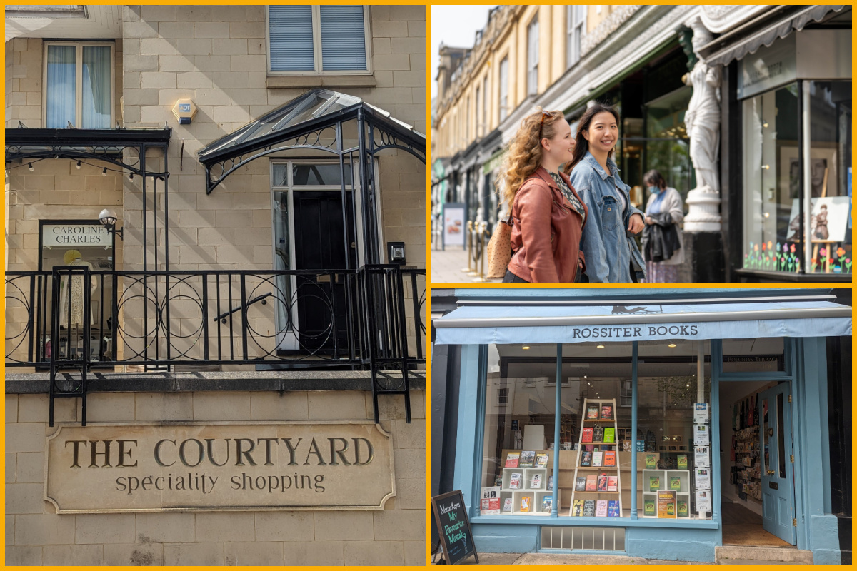 Collage of The Courtyard speciality shopping sign, people shopping in Montpellier, Cheltenham, Rossiter Book shop exterior